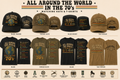 All Around the World in the 70's matching hats and t-shirts collection in Black, Vintage Olive, and Tan Vintage colorways
